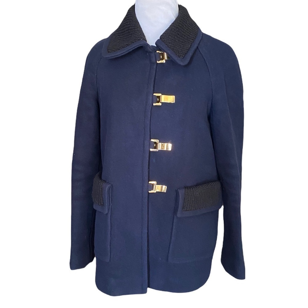 Sandro Blue wool coat with black Knit trim SZ 38